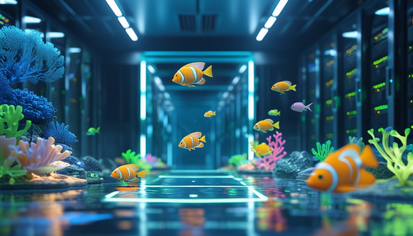 Pemandangan bawah laut dengan ikan tropis berwarna-warni dan terumbu karang bercahaya, dengan latar belakang ruangan server modern yang menyatu dengan suasana laut.