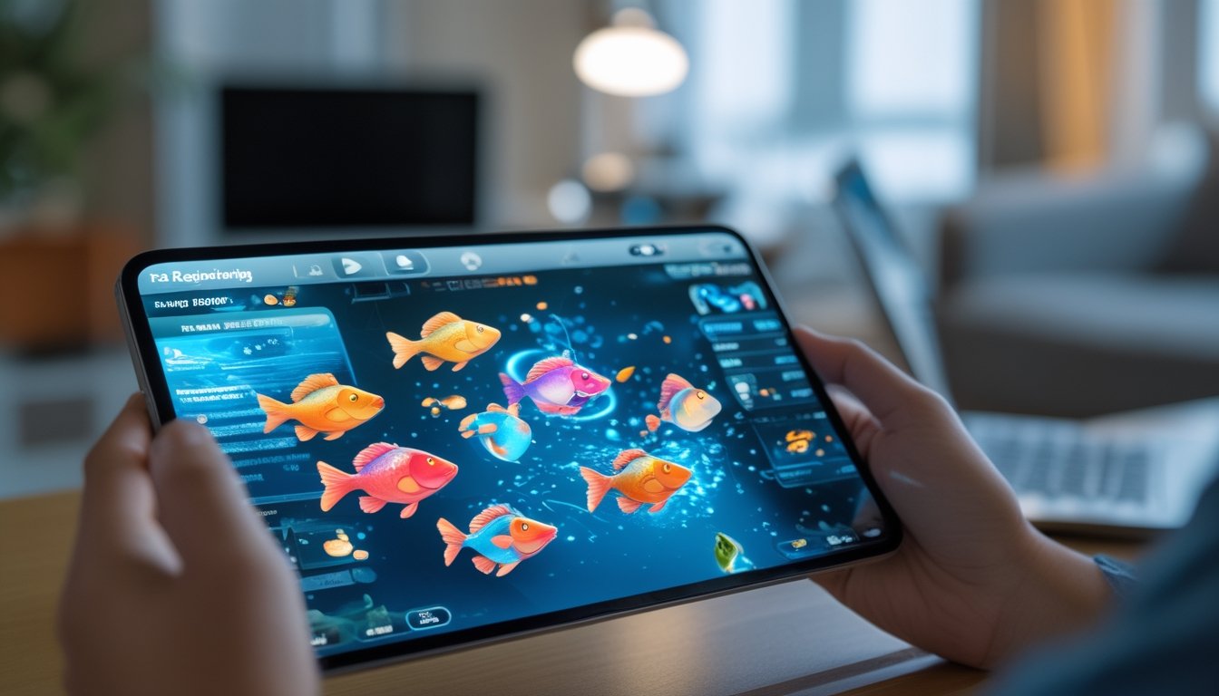 Seseorang memegang perangkat layar sentuh dengan permainan ikan digital yang berwarna-warni, di latar belakang ruangan rumah yang nyaman dengan laptop dan ponsel di sekitar.