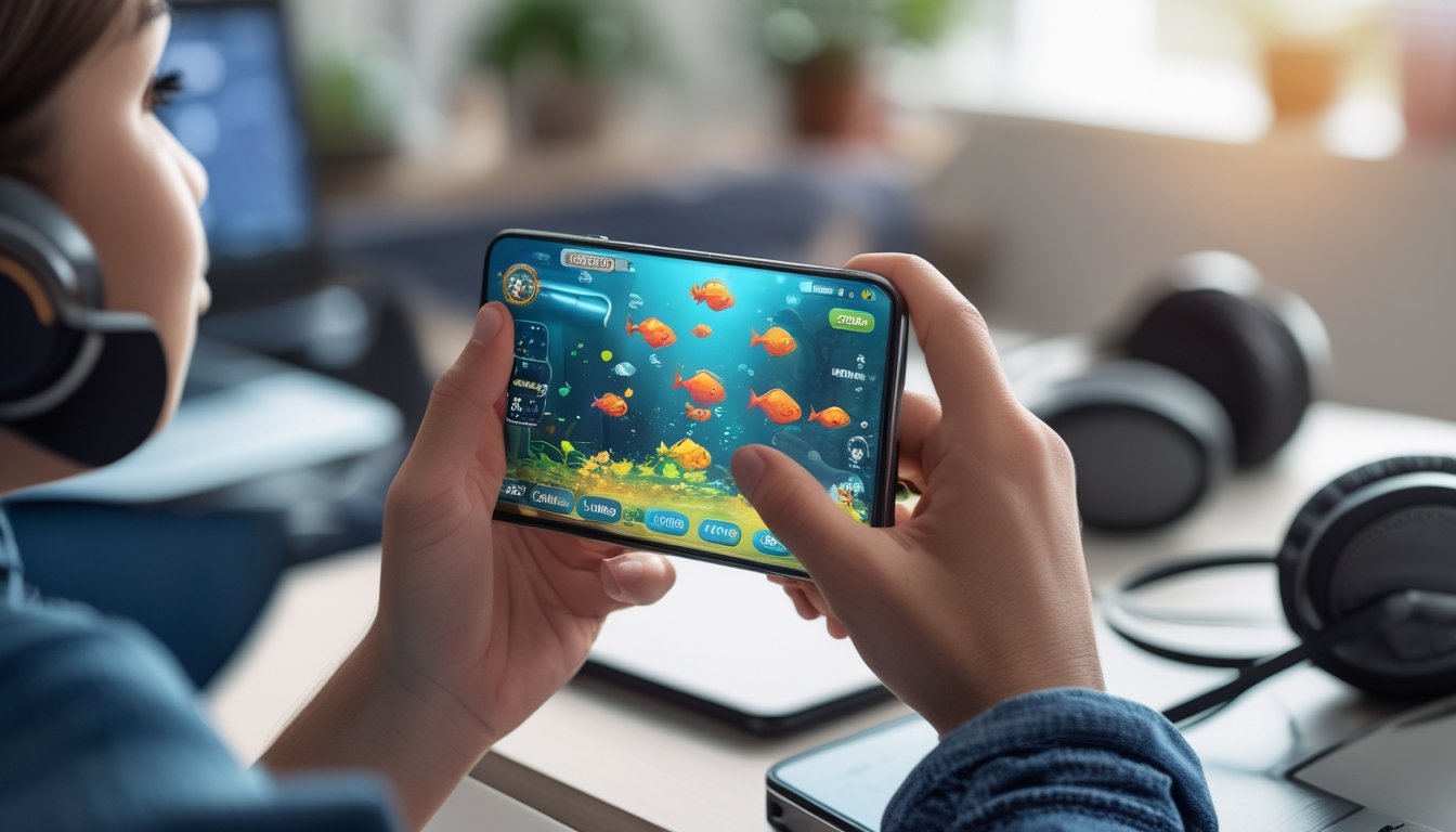 Seseorang sedang bermain game menembak ikan online menggunakan ponsel di dalam ruangan.