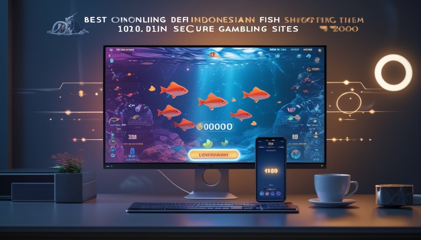 Seorang pengguna bermain game tembak ikan online di komputer dengan latar belakang motif budaya Indonesia dan suasana modern.