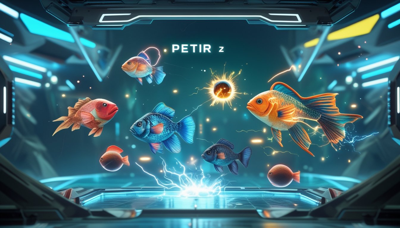 Antarmuka permainan tembak ikan online dengan latar laut digital futuristik, menampilkan ikan naga, ikan bom, dan efek petir yang hidup dan berwarna-warni.