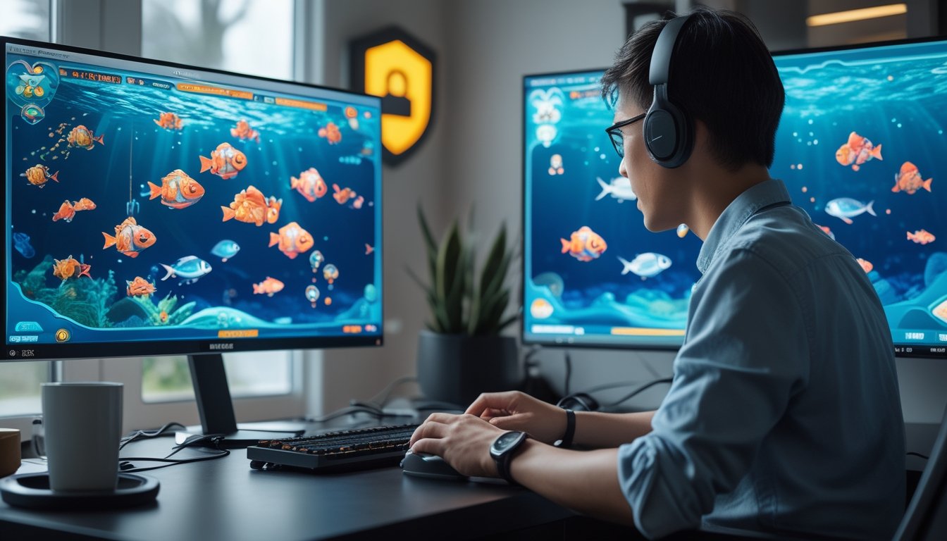 Seseorang sedang bermain game tembak ikan online di depan komputer dengan layar menampilkan ikan berwarna-warni dan simbol keamanan.