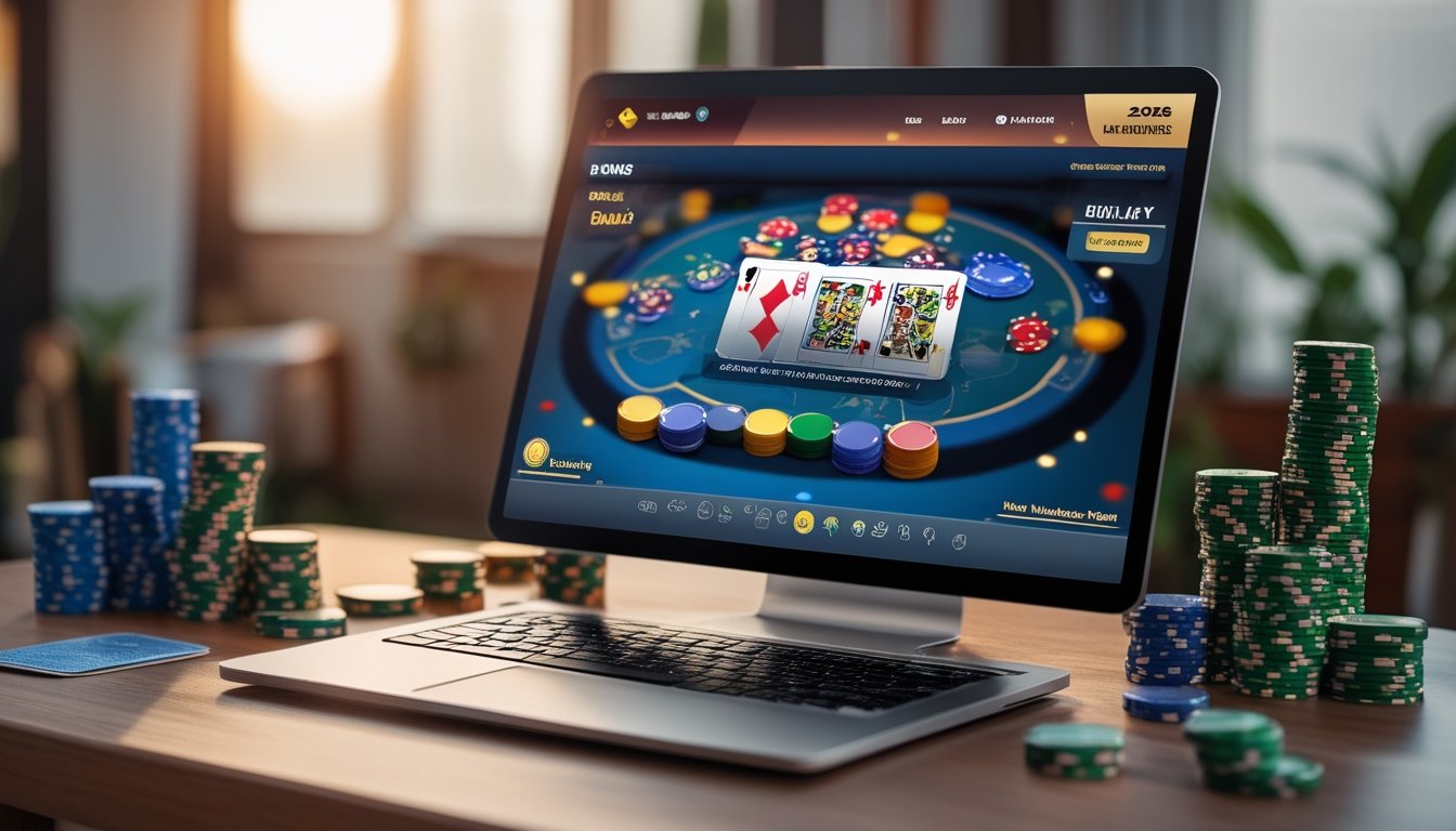 Sebuah meja dengan komputer dan kartu poker, tumpukan chip, serta ponsel yang menunjukkan notifikasi bonus anggota baru.