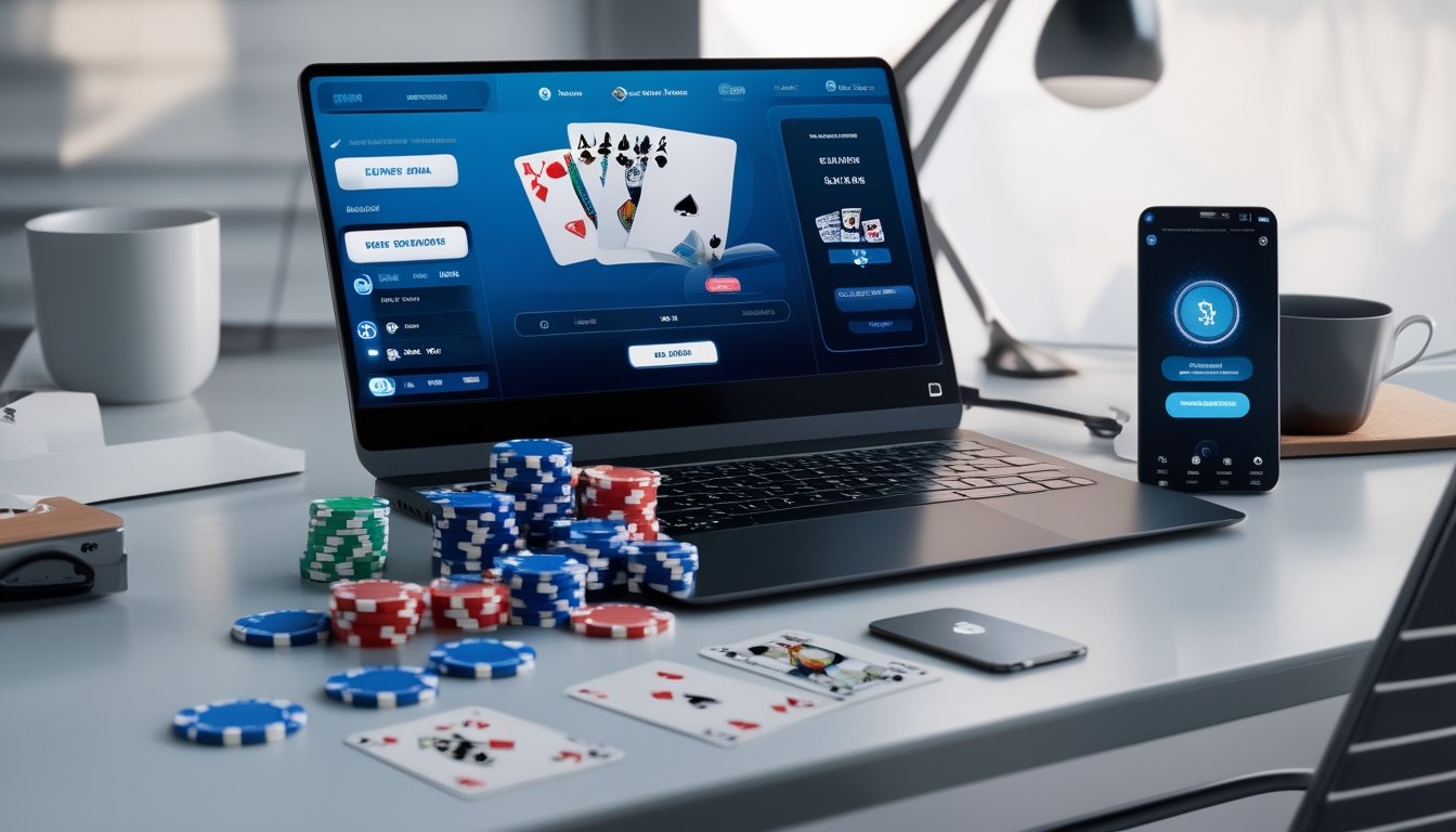 Seorang pemain sedang menggunakan laptop dan smartphone untuk bermain poker online dengan chip dan kartu poker di meja.