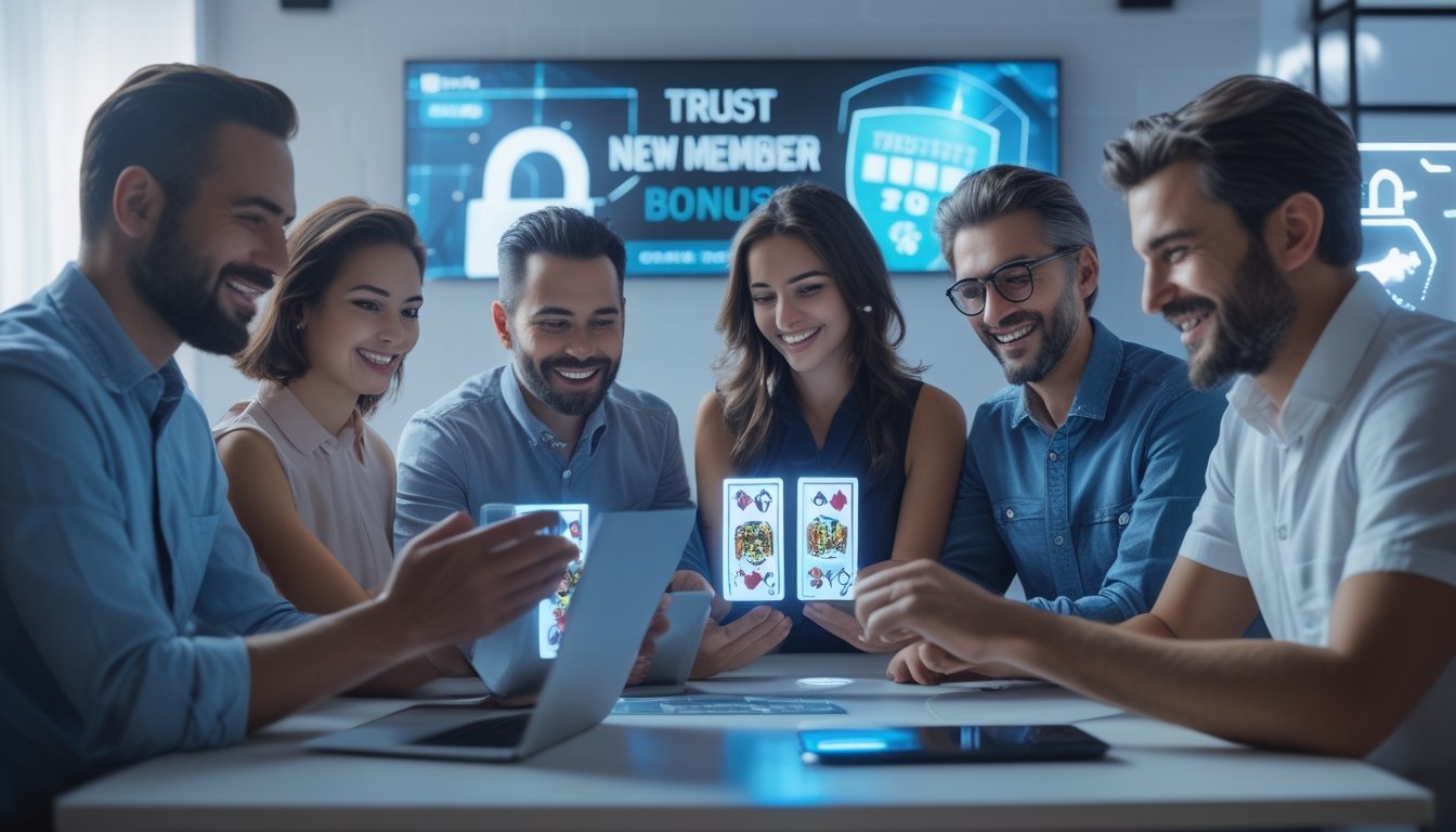 Orang-orang yang sedang menggunakan perangkat digital untuk bermain permainan kartu online dengan suasana yang cerah dan ramah.