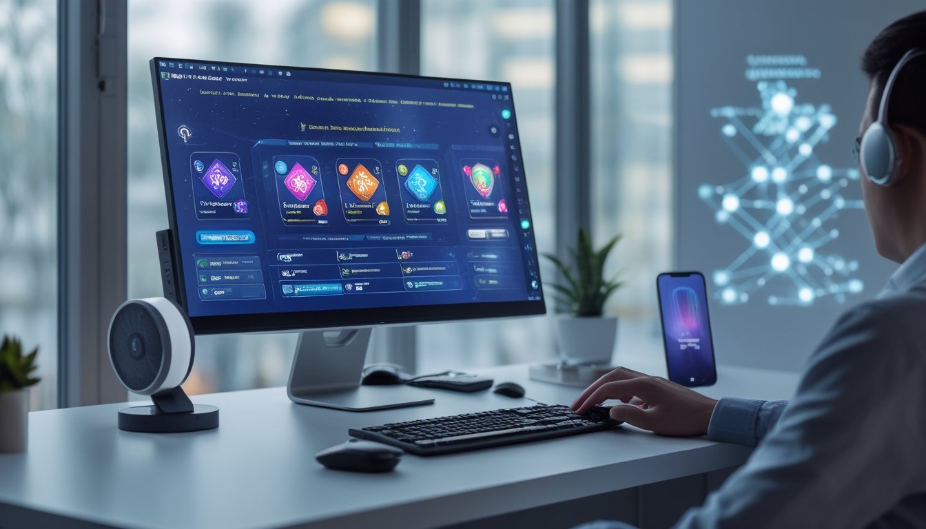 Meja kerja modern dengan komputer menampilkan permainan kartu online dan perangkat teknologi di sekitarnya.