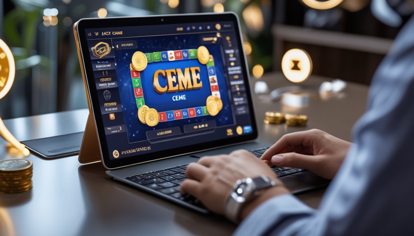 Seseorang bermain permainan kartu Ceme online di laptop dengan suasana yang cerah dan modern.