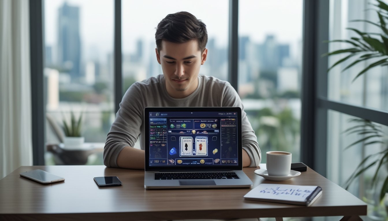 Seorang pria muda duduk di meja dengan laptop, fokus bermain permainan kartu online di ruangan dengan cahaya alami.