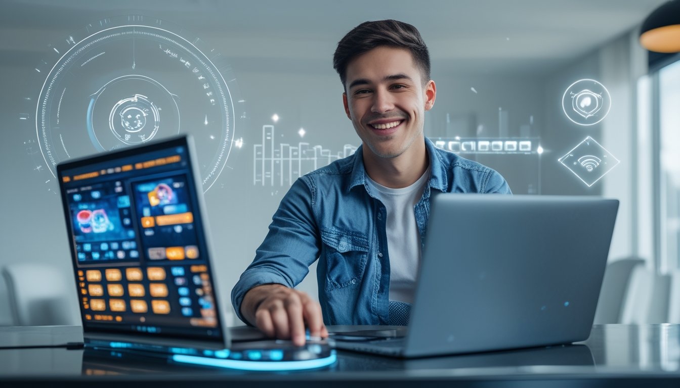 Seorang dewasa muda duduk di meja dengan laptop dan ponsel yang menampilkan permainan kartu online, terlihat senang dan percaya diri di ruangan yang terang dan modern.