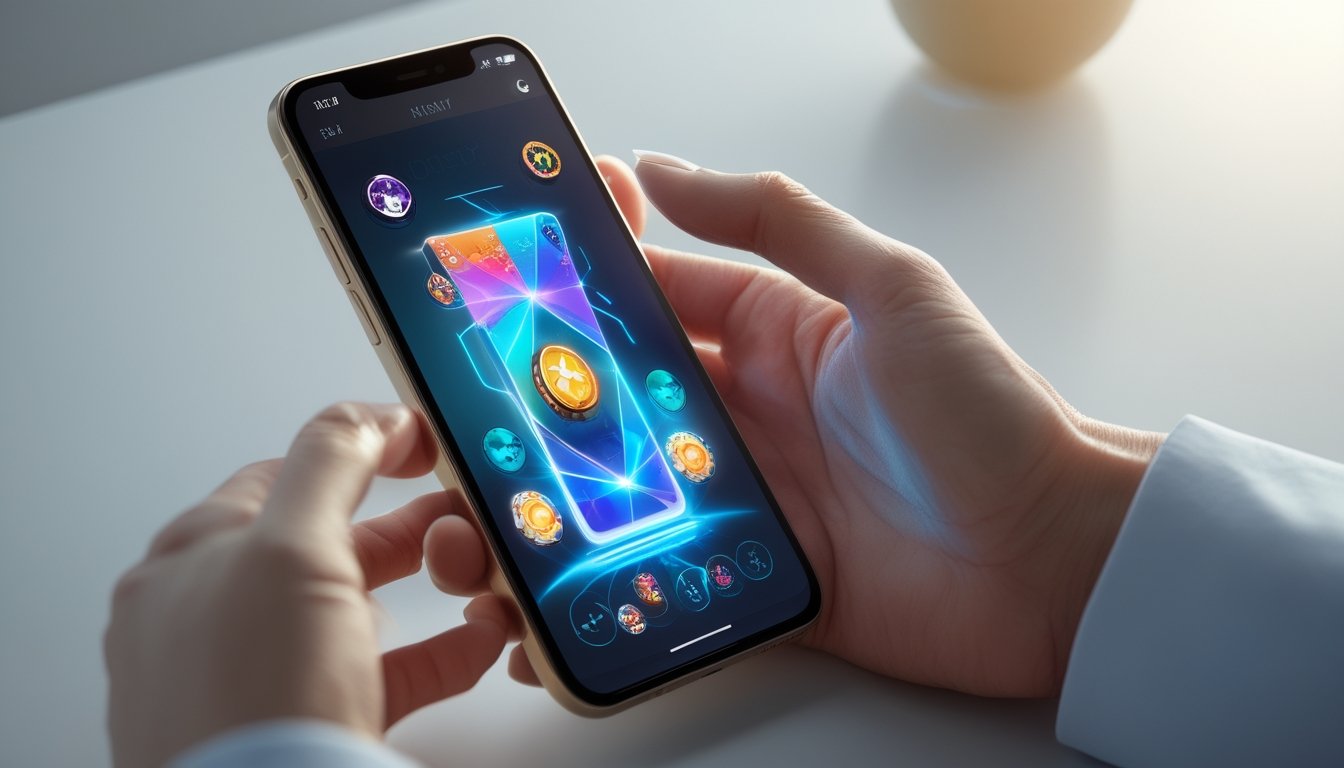 Seseorang memegang smartphone yang menampilkan antarmuka aplikasi permainan kartu digital dengan latar belakang minimalis.