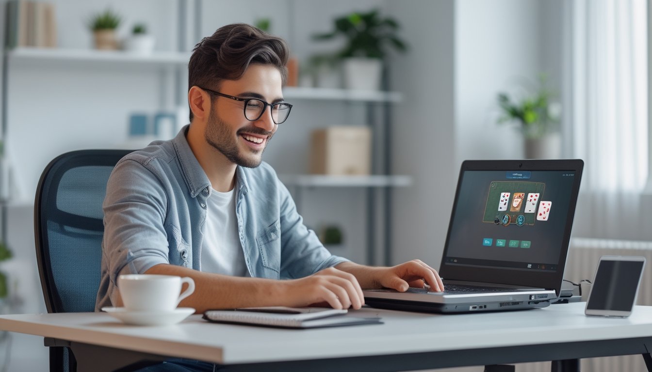 Seorang pria muda duduk di meja modern sambil bermain permainan kartu online di laptop dengan ekspresi fokus dan senang.