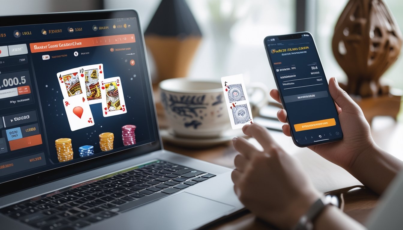 Seseorang menggunakan laptop dan ponsel untuk bermain kartu online dan melakukan deposit pulsa di meja kerja.