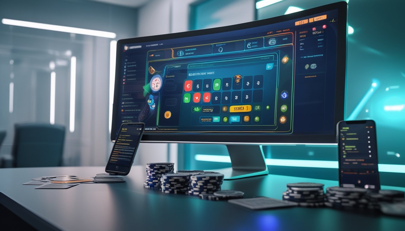 Suasana ruang kerja modern dengan komputer yang menampilkan permainan kartu online dan chip poker di atas meja.