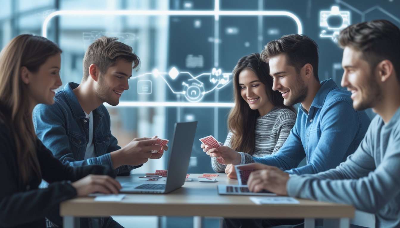 Sekelompok orang muda sedang bermain permainan kartu online menggunakan laptop dan ponsel di meja dengan latar belakang digital yang modern.
