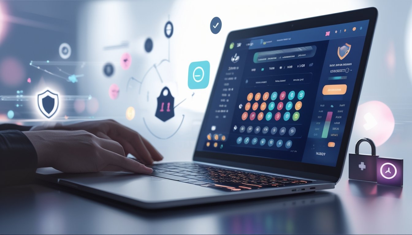 Seorang pengguna sedang melihat layar perangkat digital yang menampilkan antarmuka permainan togel online dengan simbol keamanan dan kepercayaan di latar belakang.
