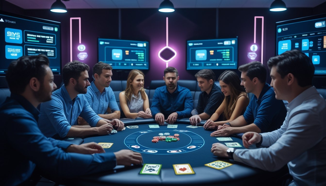 Sekelompok orang bermain poker online di meja digital dengan suasana ruangan yang modern dan terang.