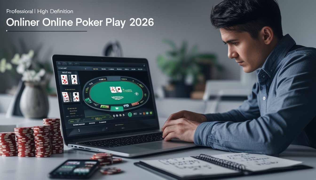 Seorang pemain poker online sedang fokus bermain dengan laptop dan tumpukan chip poker di meja kerja modern.