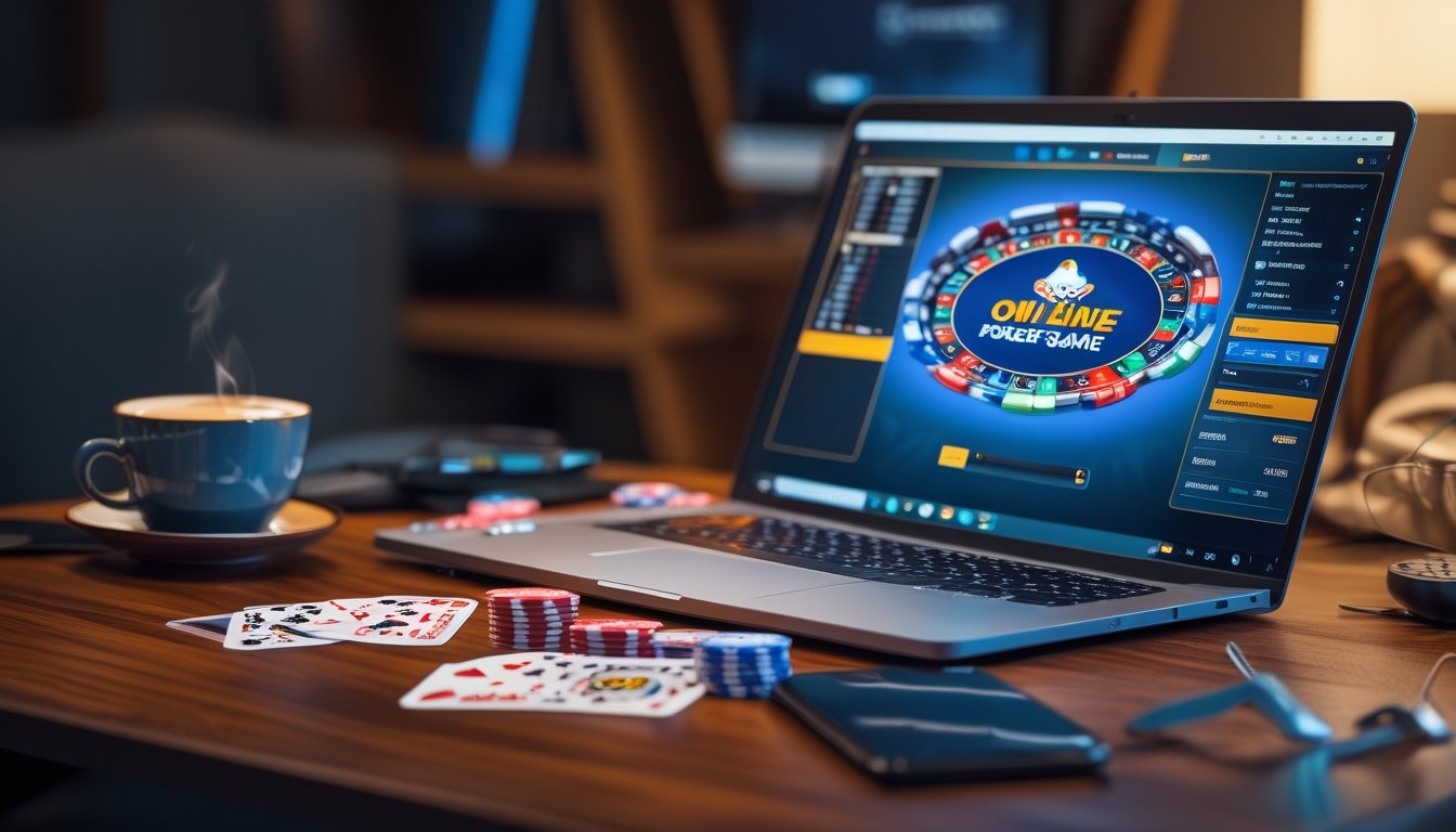 Meja kerja modern dengan laptop menampilkan permainan poker online, chip poker dan kartu tersebar di meja kayu, dengan cangkir kopi dan ponsel di sampingnya.