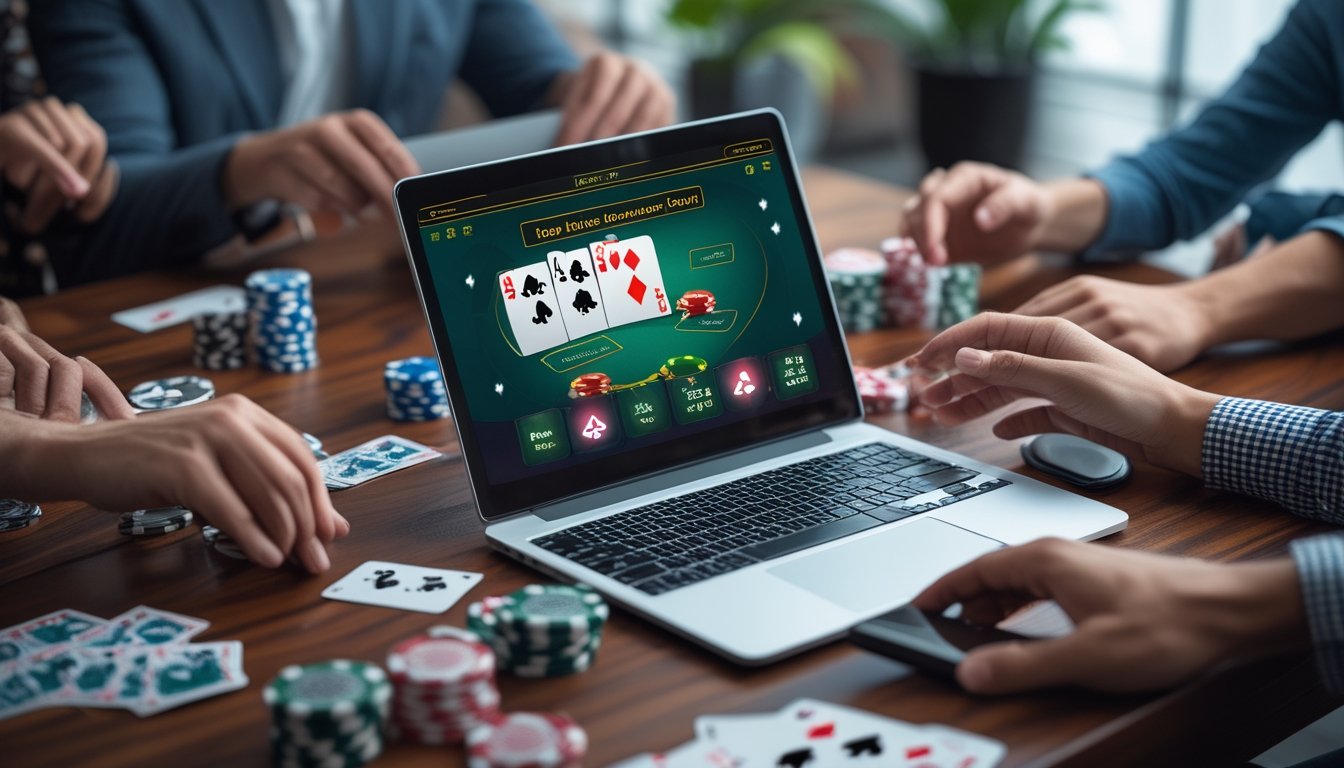 Meja dengan laptop yang menampilkan permainan poker online, kartu remi dan chip poker, serta tangan orang yang sedang bermain.