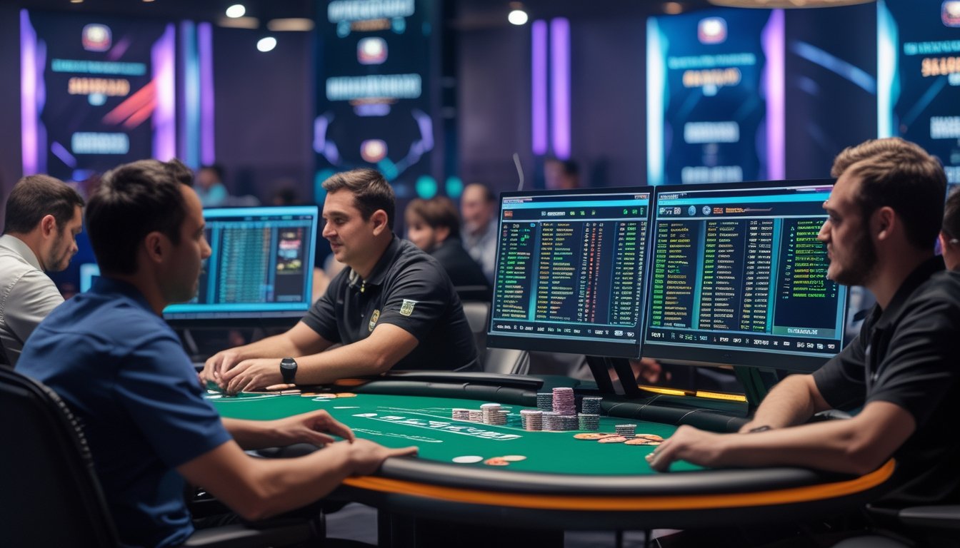 Beberapa orang dewasa bermain poker online di meja dengan monitor komputer yang menampilkan permainan poker dan turnamen.