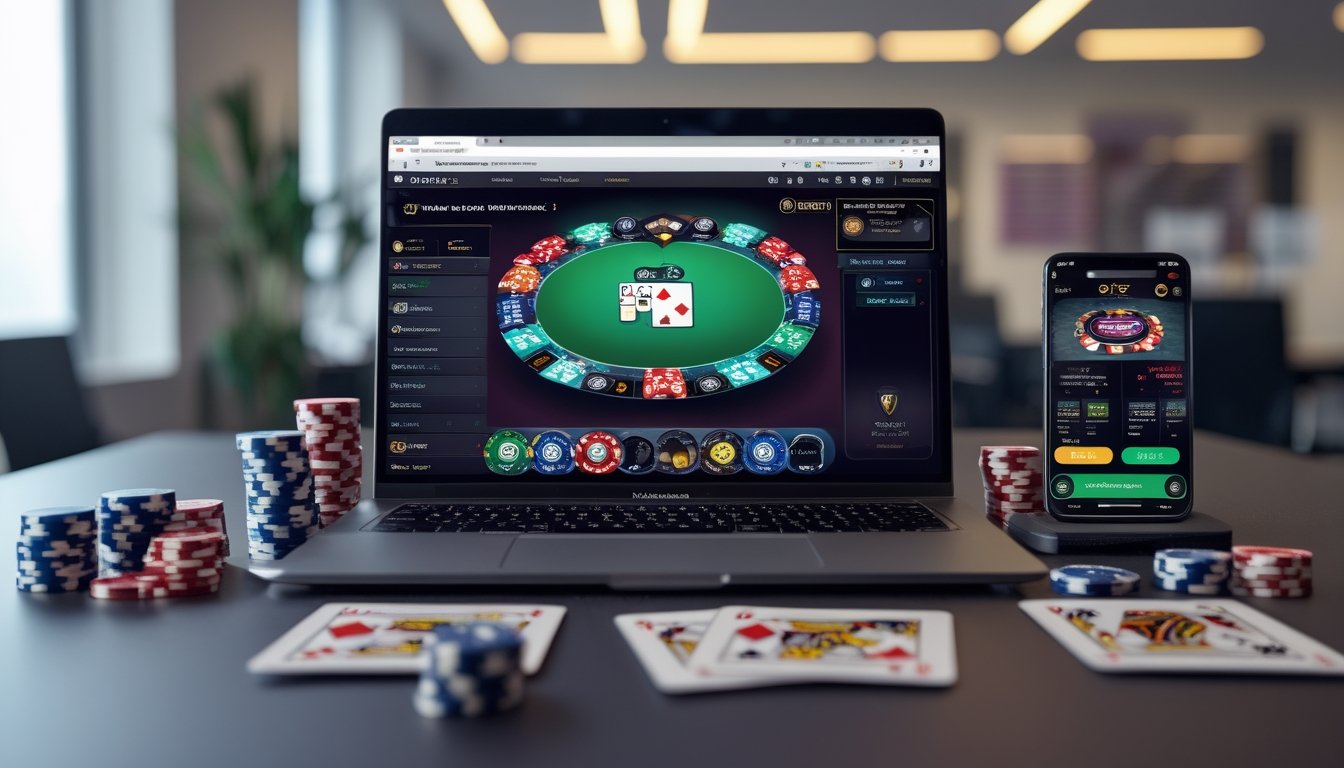 Sebuah laptop dengan layar menampilkan permainan poker online, dikelilingi oleh chip poker dan kartu remi di atas meja, dengan latar belakang kantor modern yang terang.
