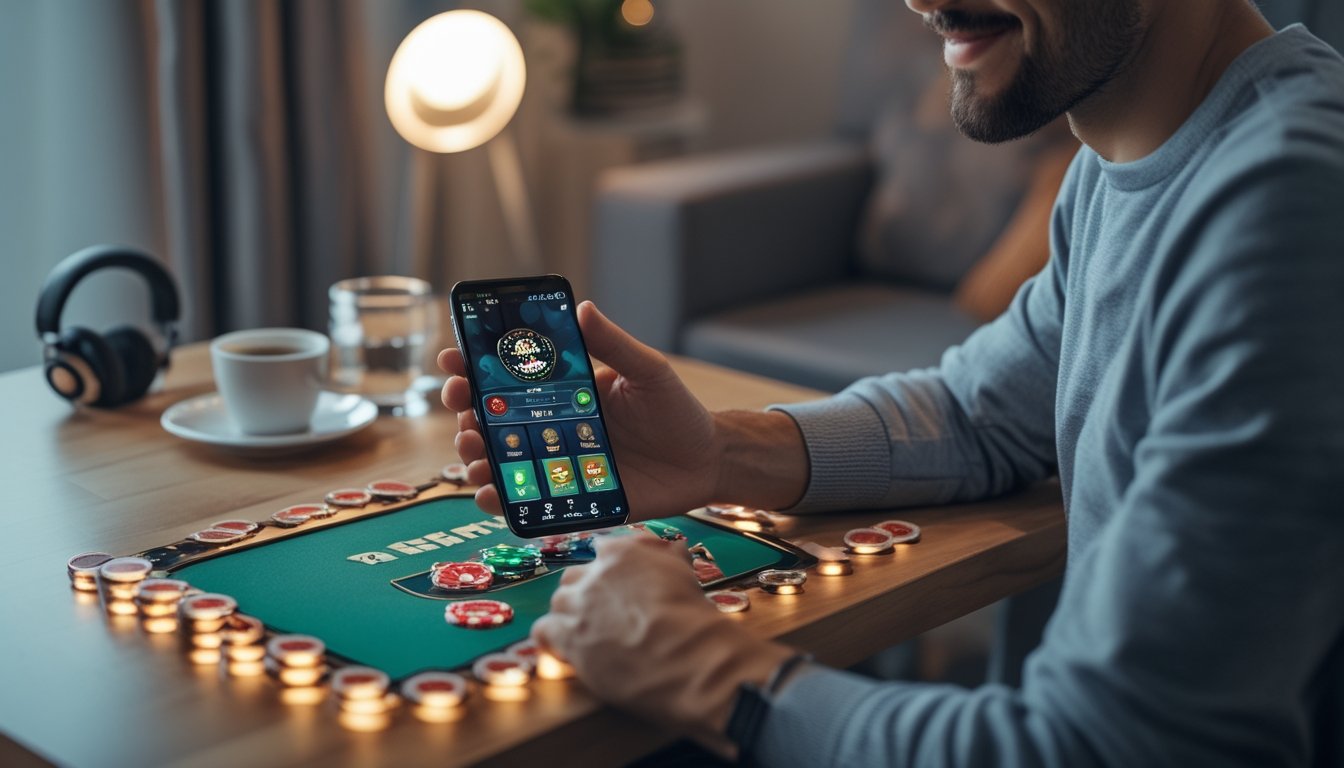 Seorang dewasa muda menggunakan ponsel Android untuk bermain poker online di meja kayu dalam ruangan yang nyaman.
