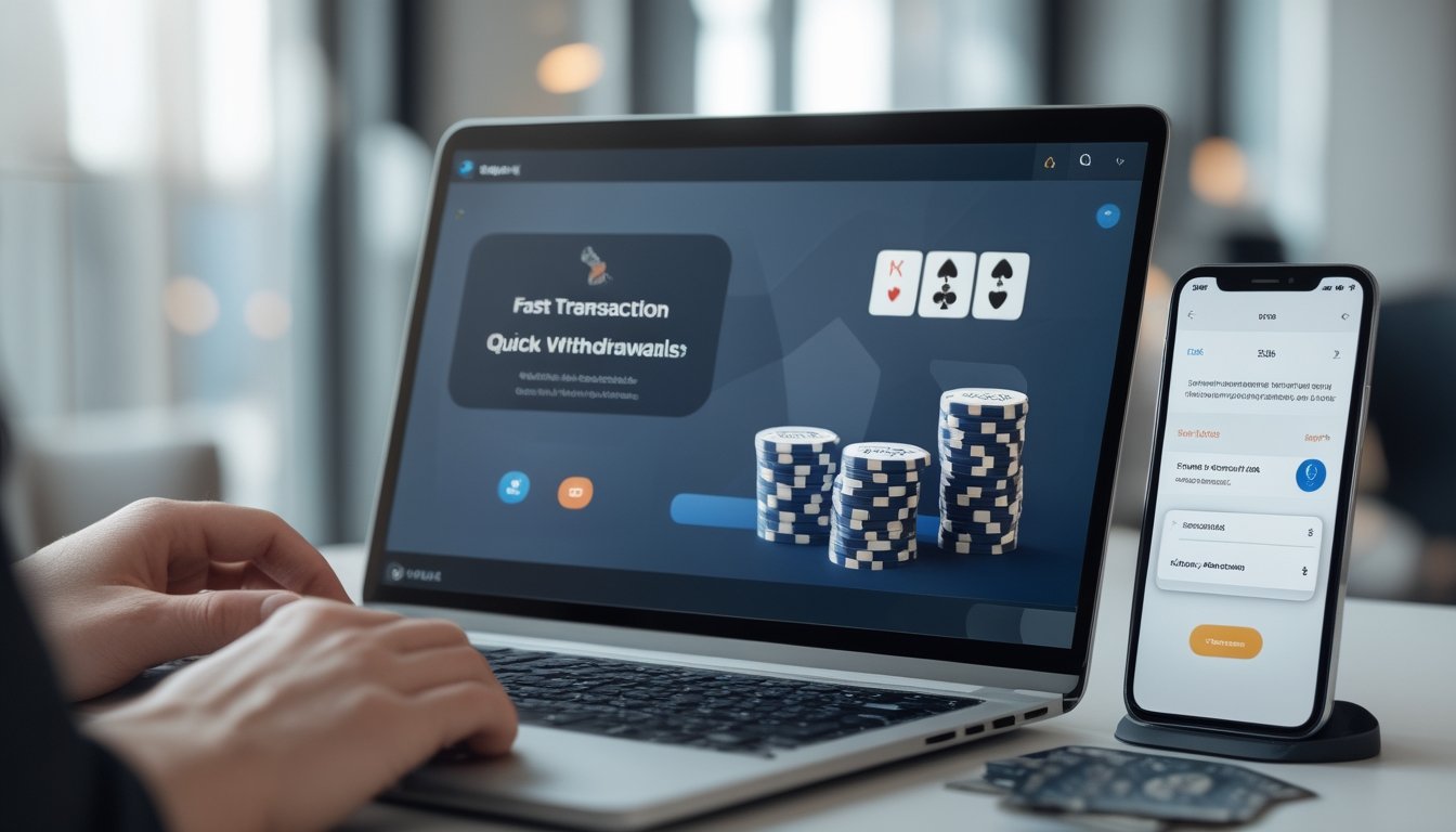 Seorang pengguna sedang bermain poker online dengan komputer dan ponsel, menunjukkan transaksi cepat dan mudah dalam permainan poker digital.