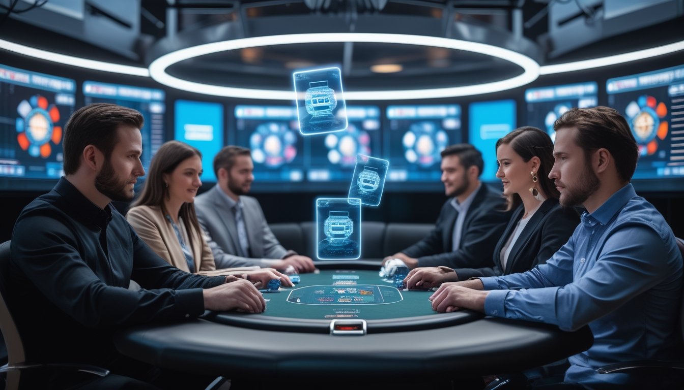Beberapa pemain poker profesional sedang bermain di meja dengan kartu holografik dan layar besar menampilkan data strategi poker.