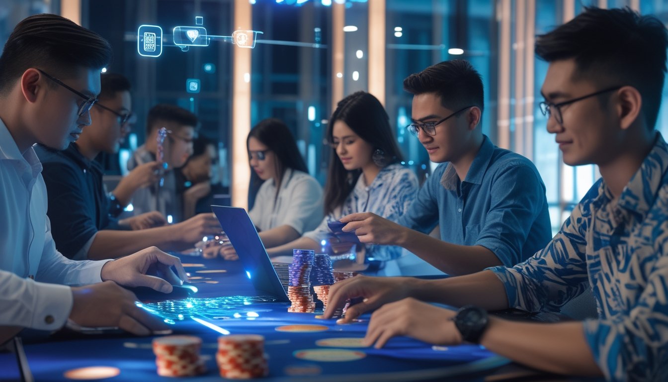 Beberapa orang bermain poker online menggunakan laptop dan ponsel di sebuah ruangan modern dengan suasana yang cerah dan nyaman.