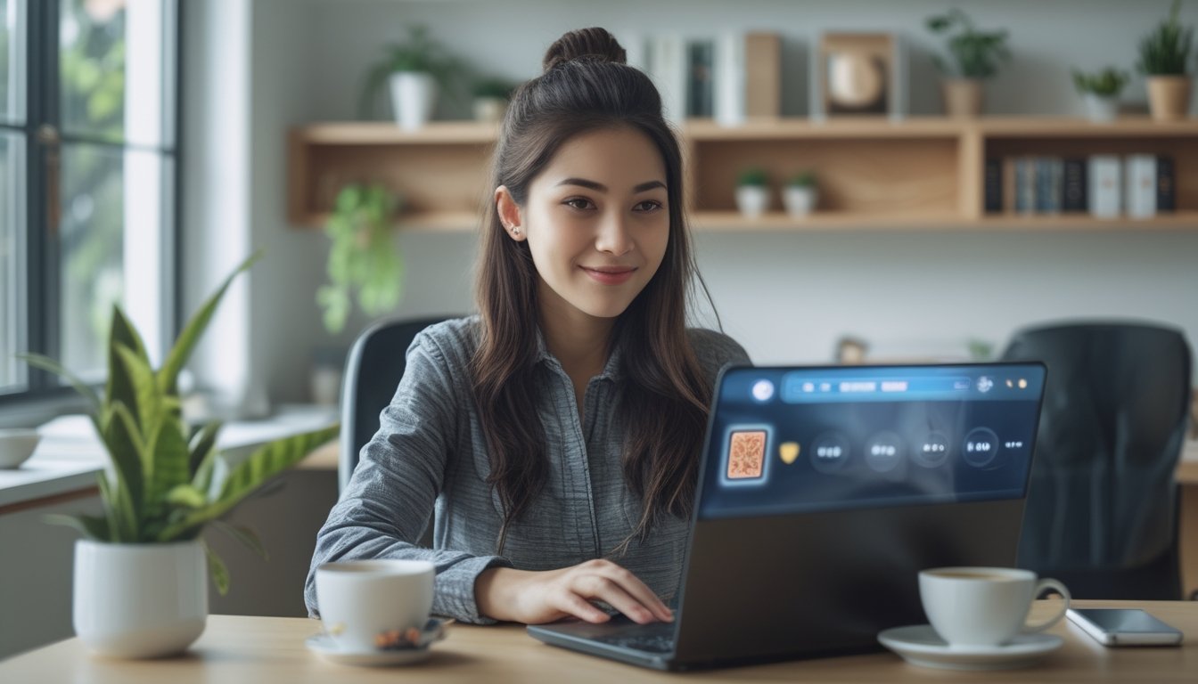 Seorang wanita muda duduk di meja dengan laptop dan ponsel, tampak fokus bermain permainan kartu online di ruang kerja rumah yang nyaman.