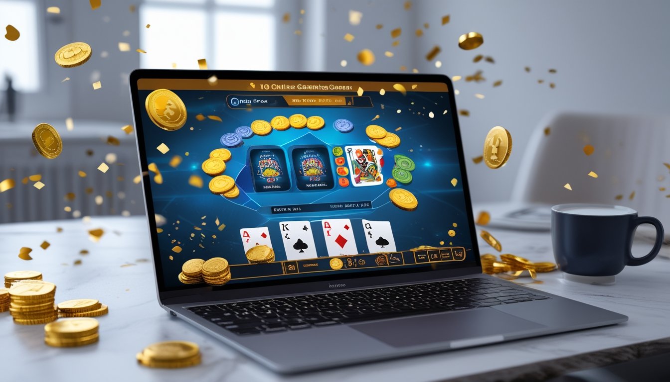 Seorang pengguna bermain permainan kartu online di depan komputer dengan suasana yang rapi dan modern, dikelilingi oleh elemen yang menunjukkan hadiah dan kegembiraan.