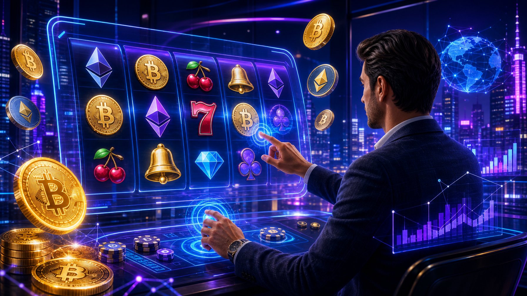 A Person Interacting With A Futuristic Digital Casino Interface Featuring Spinning Slot Reels With Cryptocurrency Symbols And Floating Crypto Coins In A HighTech Cityscape Background.