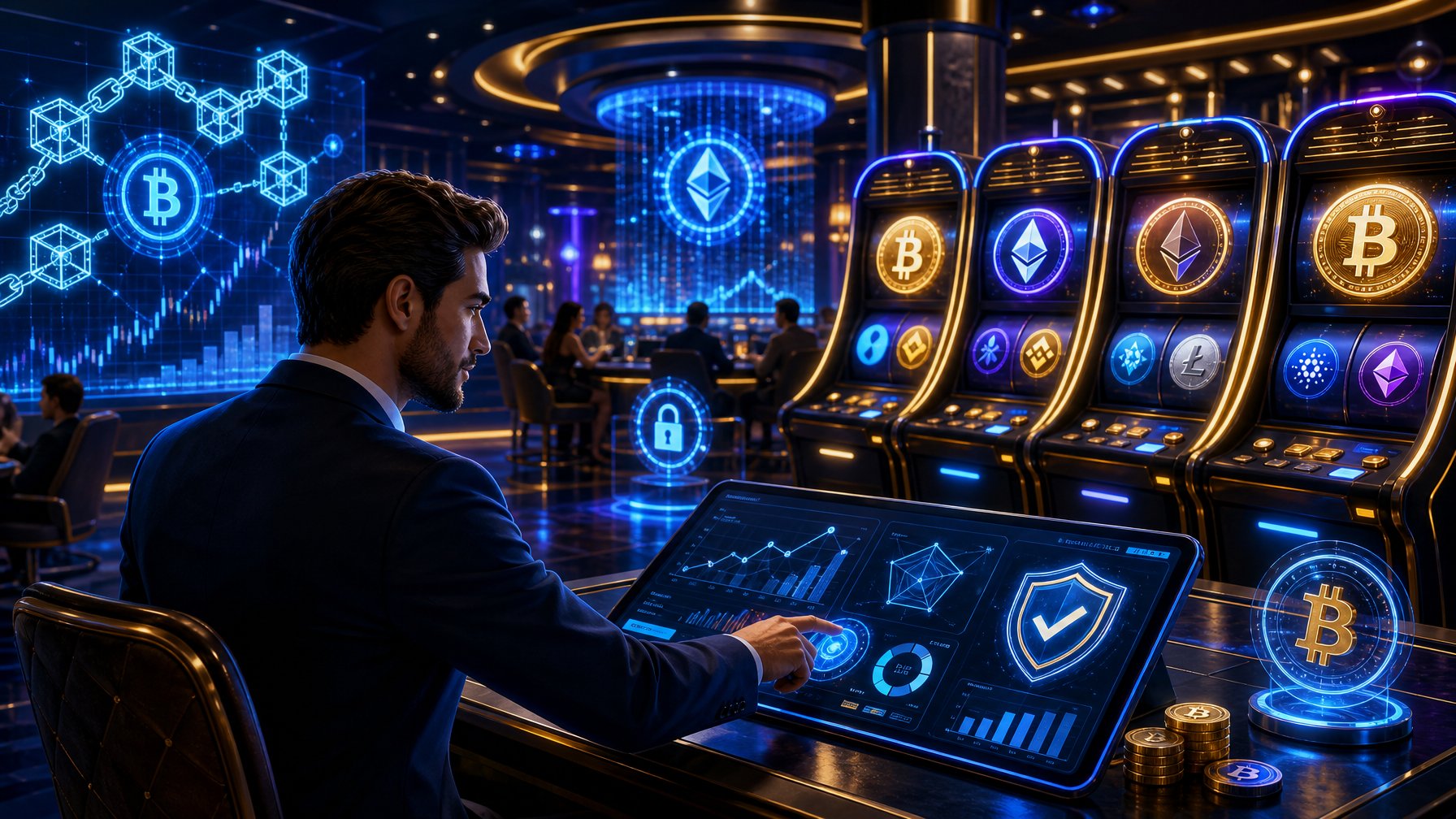 A Modern Casino Scene With A Player Using A Touchscreen Surrounded By Slot Machines Showing Cryptocurrency Symbols And Digital Graphs Representing Trust And Analytics.