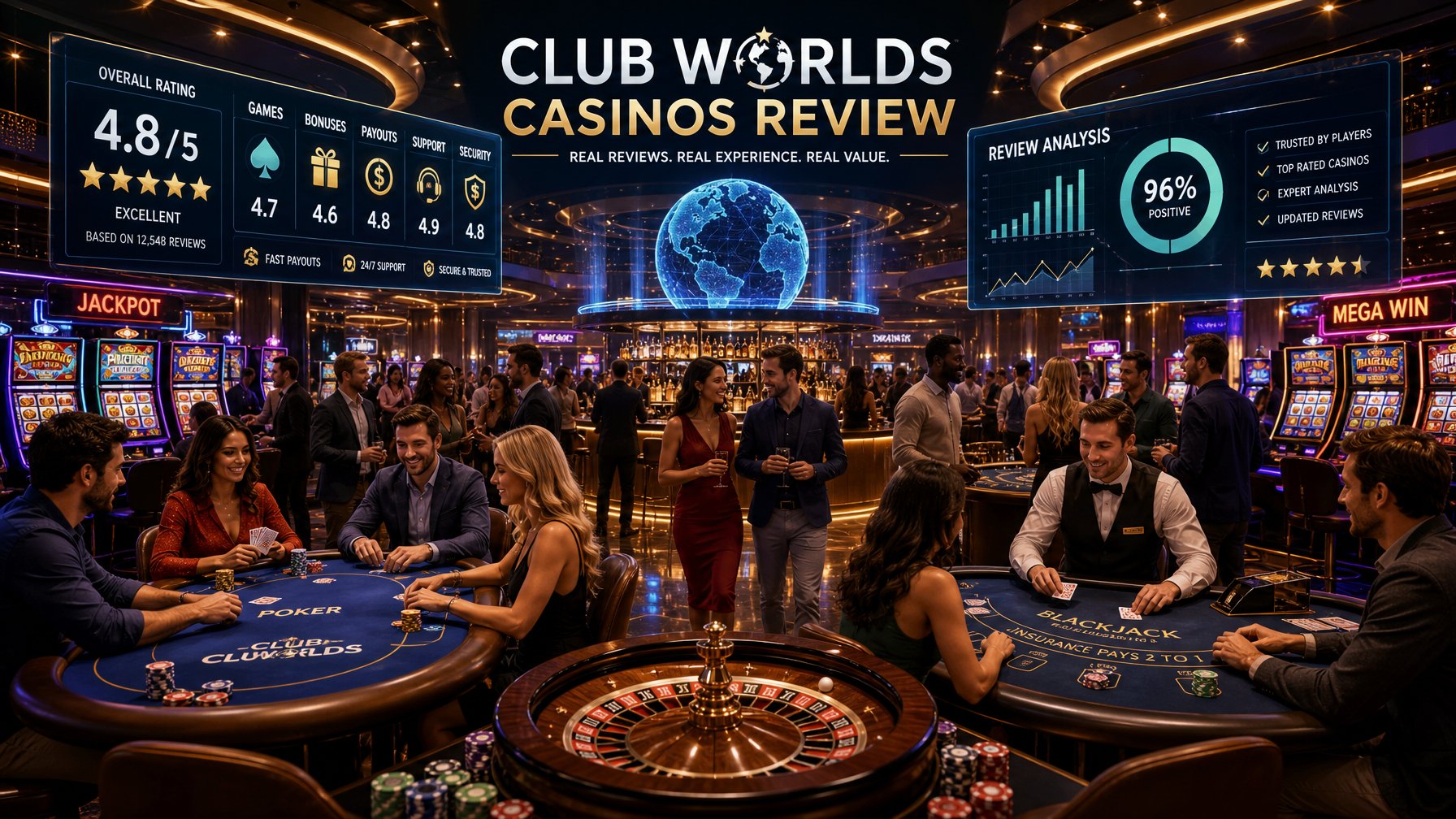 A Lively Casino Interior With People Playing Games Like Poker, Slot Machines, And Roulette, Surrounded By Digital Displays Showing Charts And Ratings.