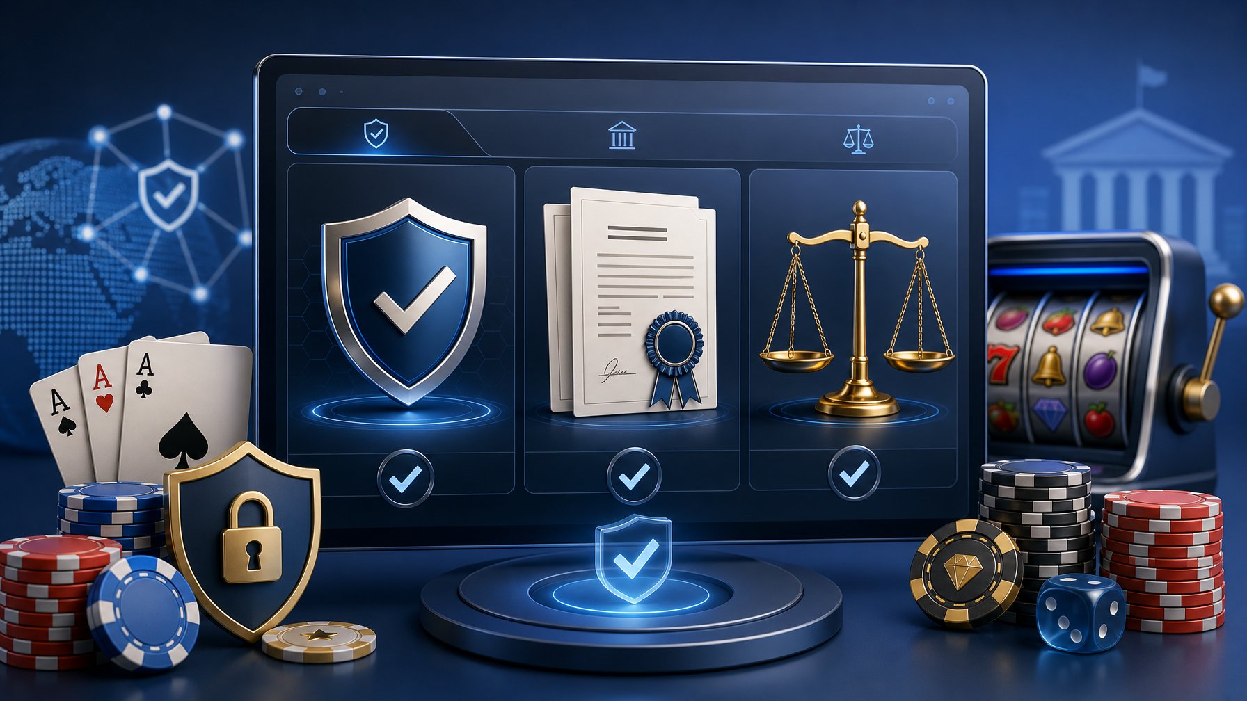 A Digital Dashboard Showing Symbols Of Security, Licensing, And Fairness Checks With Casino Elements Like Poker Chips And Playing Cards Around It.