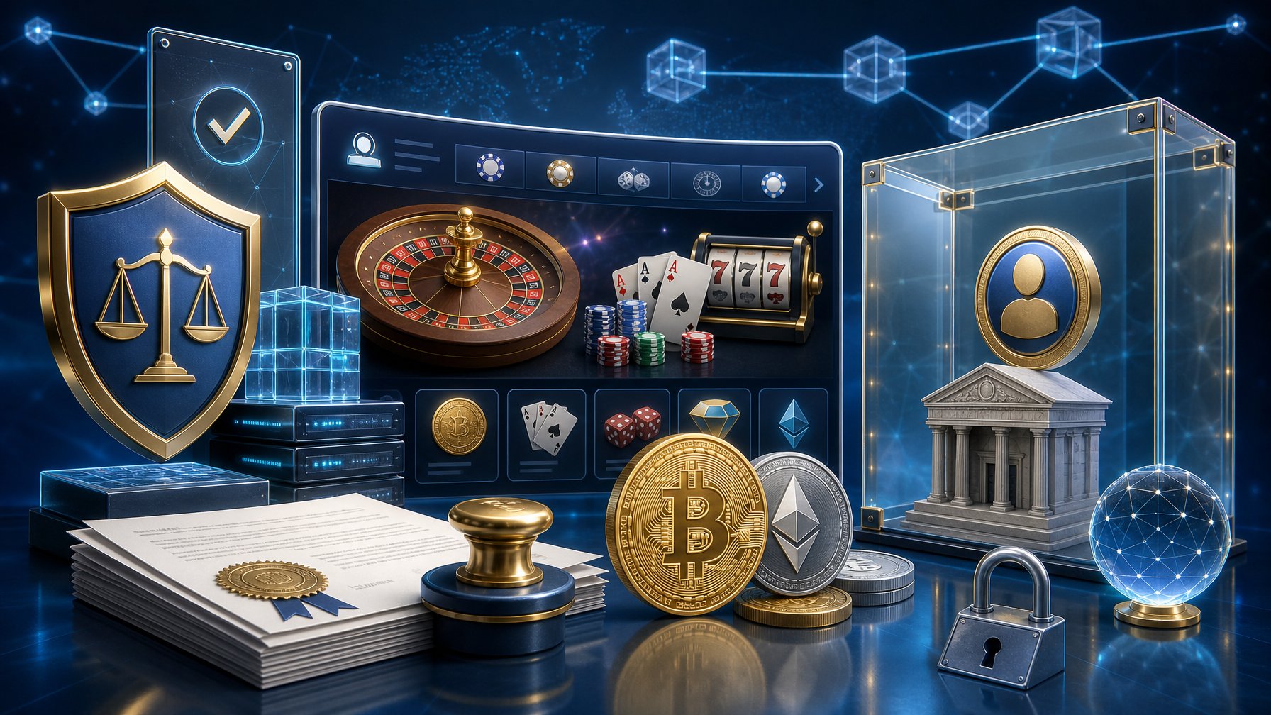 A Digital Casino Interface With Crypto Coins, Legal Documents, And Transparent Panels Symbolizing Licensing, Ownership, And Transparency In A Secure Blockchain Environment.