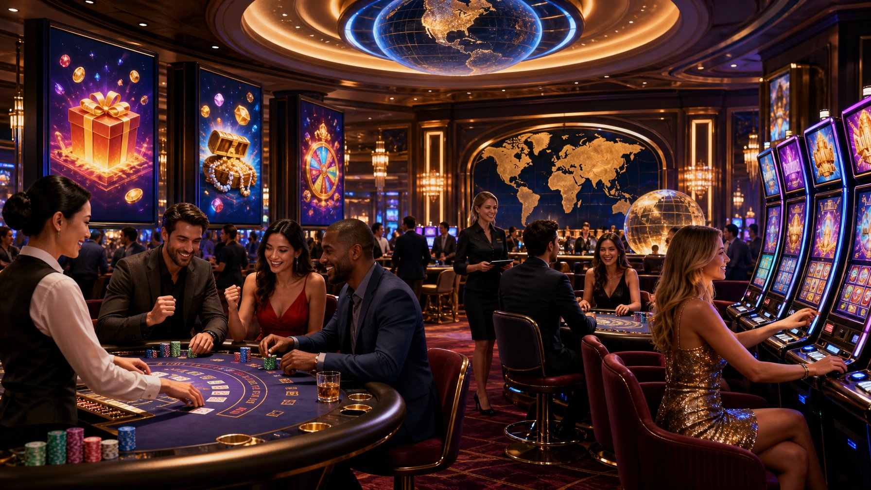 A Lively Casino Scene With People Enjoying Games And Celebrating Wins In A Luxurious Setting Featuring Slot Machines And Card Tables.