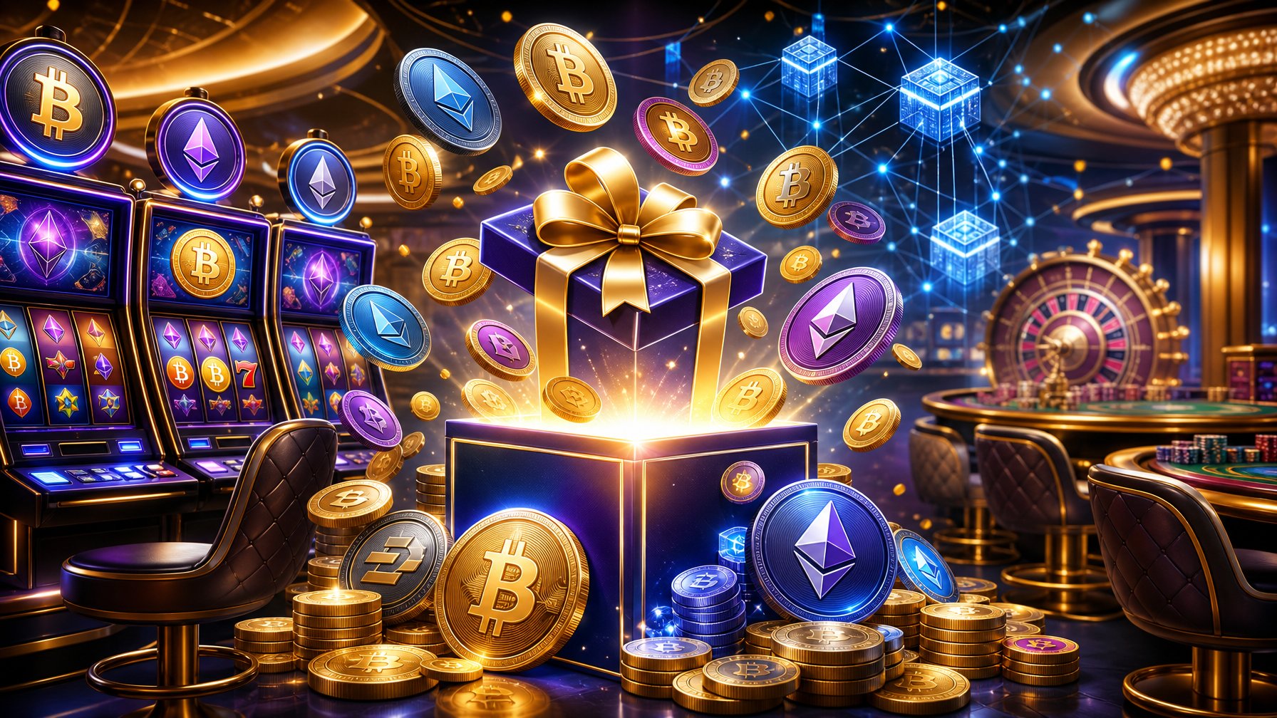 A Modern Casino Scene With Digital Slot Machines And Glowing Coins Representing Welcome Bonuses And Cryptocurrency Rewards.