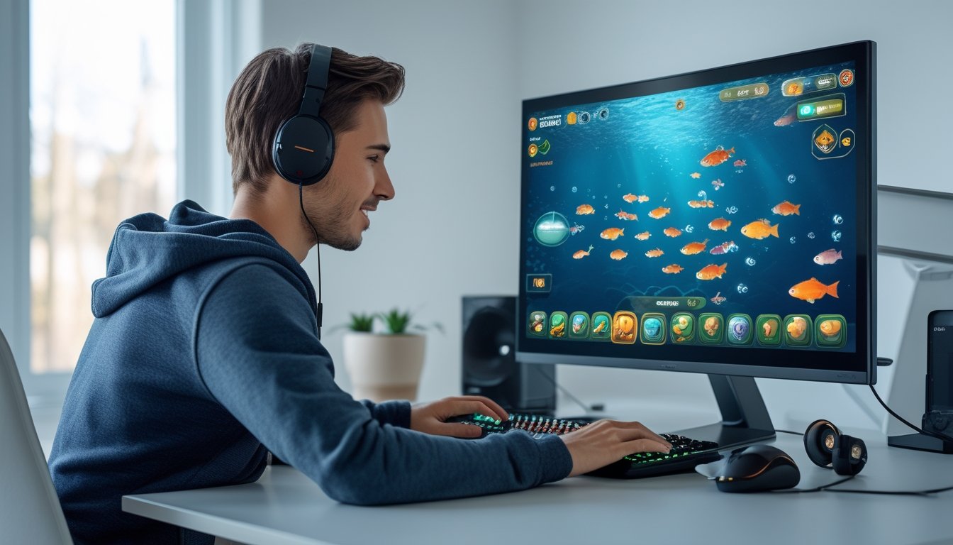 Seorang pria muda duduk di meja modern sambil bermain game tembak ikan online di komputer dengan latar belakang ruangan yang terang dan rapi.
