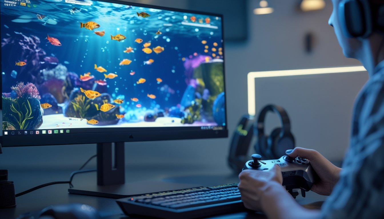 Seorang pemain sedang bermain game tembak ikan online di depan layar komputer dengan grafis ikan berwarna-warni.