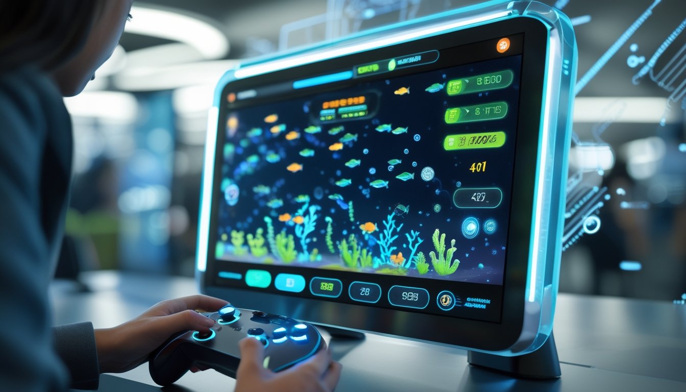 Seorang pemain menggunakan kontroler modern di depan layar sentuh yang menampilkan permainan tembak ikan dengan skor dan elemen bawah laut futuristik.