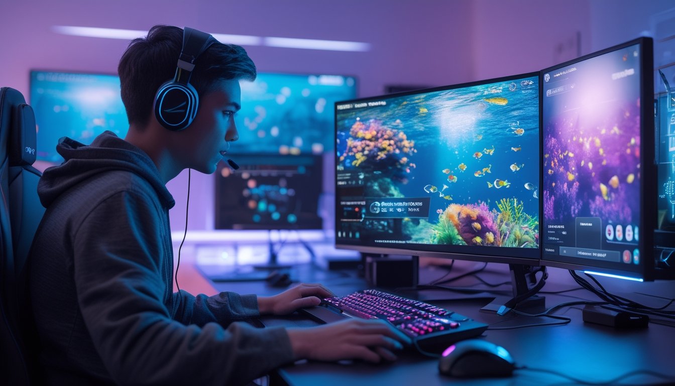 Seorang pemain muda sedang fokus bermain game tembak ikan online dengan layar komputer besar yang menampilkan ikan warna-warni di bawah laut.