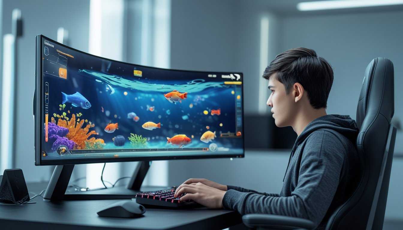 Seorang pemain muda sedang bermain game tembak ikan online di depan komputer dengan layar menampilkan ikan warna-warni di bawah air.