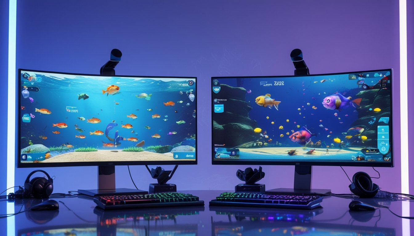 Dua setup permainan dengan layar menampilkan adegan permainan tembak ikan online versi lama dan versi terbaru tahun 2026.