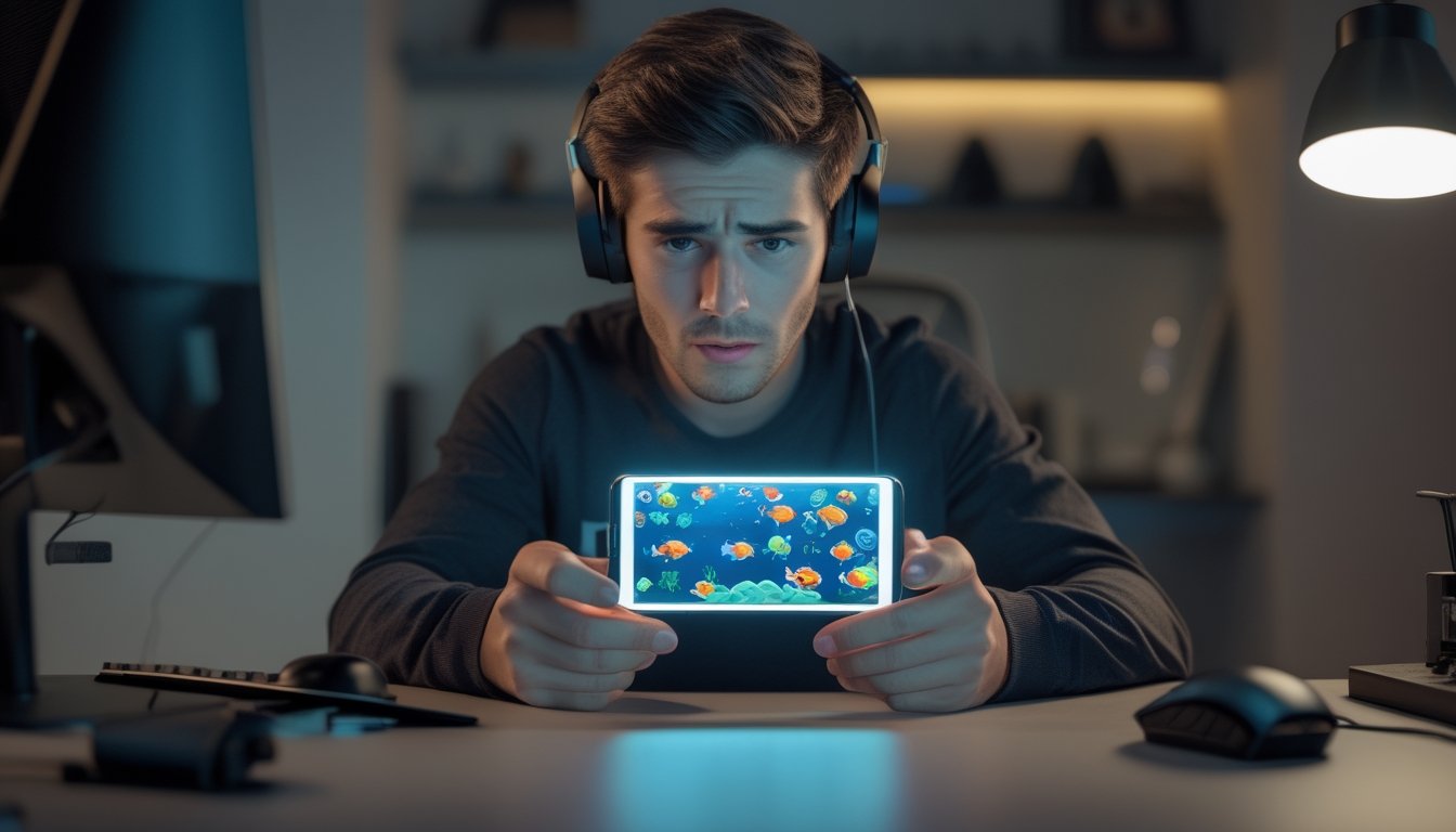 Seorang pria muda sedang fokus bermain game tembak ikan online menggunakan ponsel di sebuah ruangan yang nyaman.