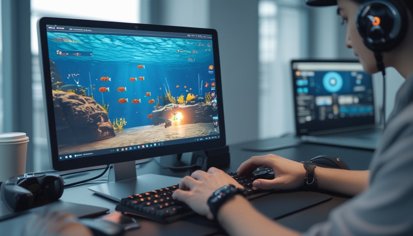 Orang sedang bermain game tembak ikan online di depan komputer di ruang kerja yang rapi dan terang.