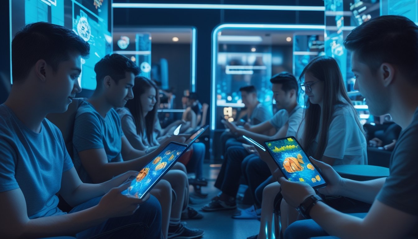 Sekelompok pemain muda sedang asyik bermain game tembak ikan online menggunakan tablet dan ponsel di ruang bermain modern dengan pencahayaan biru dan elemen teknologi futuristik.