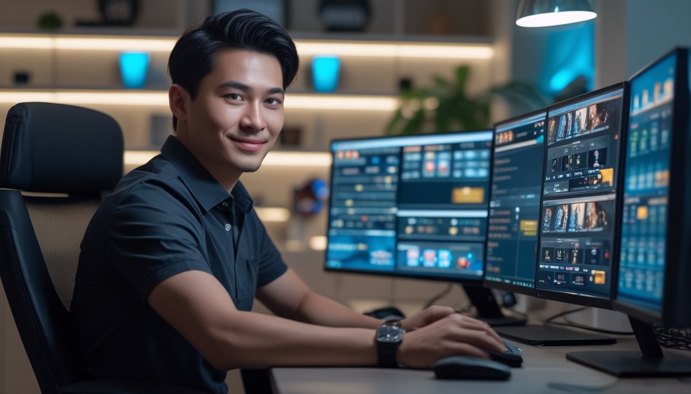 Seorang pria muda duduk di meja dengan beberapa monitor komputer yang menampilkan permainan kartu online, terlihat fokus dan percaya diri di ruang kerja modern.