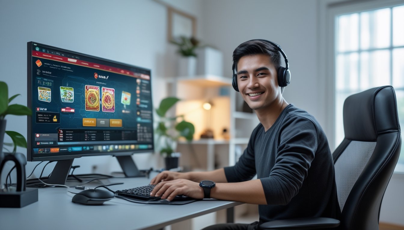 Seorang pria muda duduk di depan komputer di ruang kerja rumah yang rapi, bermain permainan kartu online dengan ekspresi senang dan fokus.
