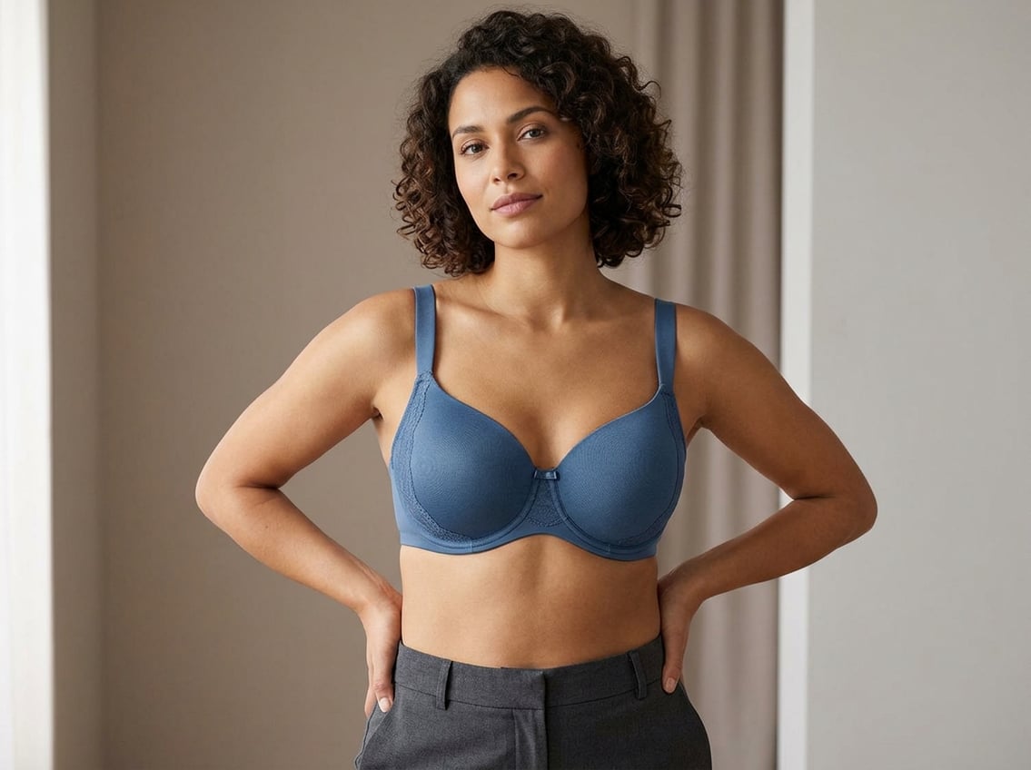 A woman wearing a supportive bra designed for wide set breasts, standing in a neutral studio setting.